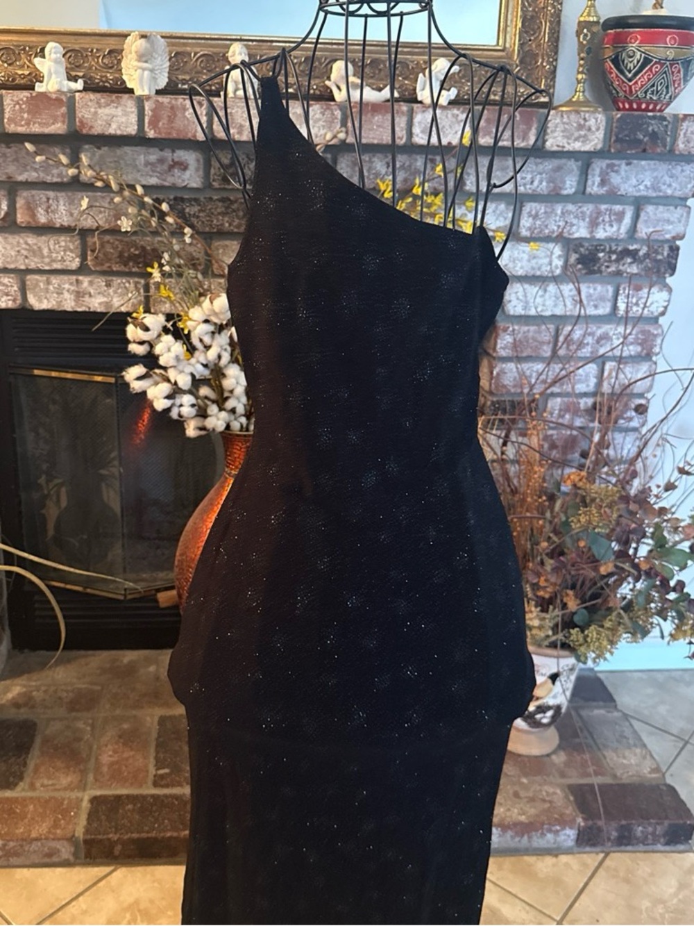 Vtg 90s Black Glitter Embellished one shoulder bodycon maxi dress sz M Formal